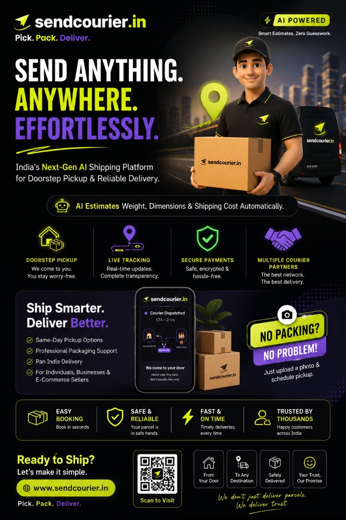 SendCourier.in – AI Shipping Platform, Doorstep Courier Pickup & Online Rates Calculator Infographic SendCourier AI Shipping Platform Infographic – Book free courier pickup from home, compare cheap shipping rates online, get professional packing, and track packages in India.
